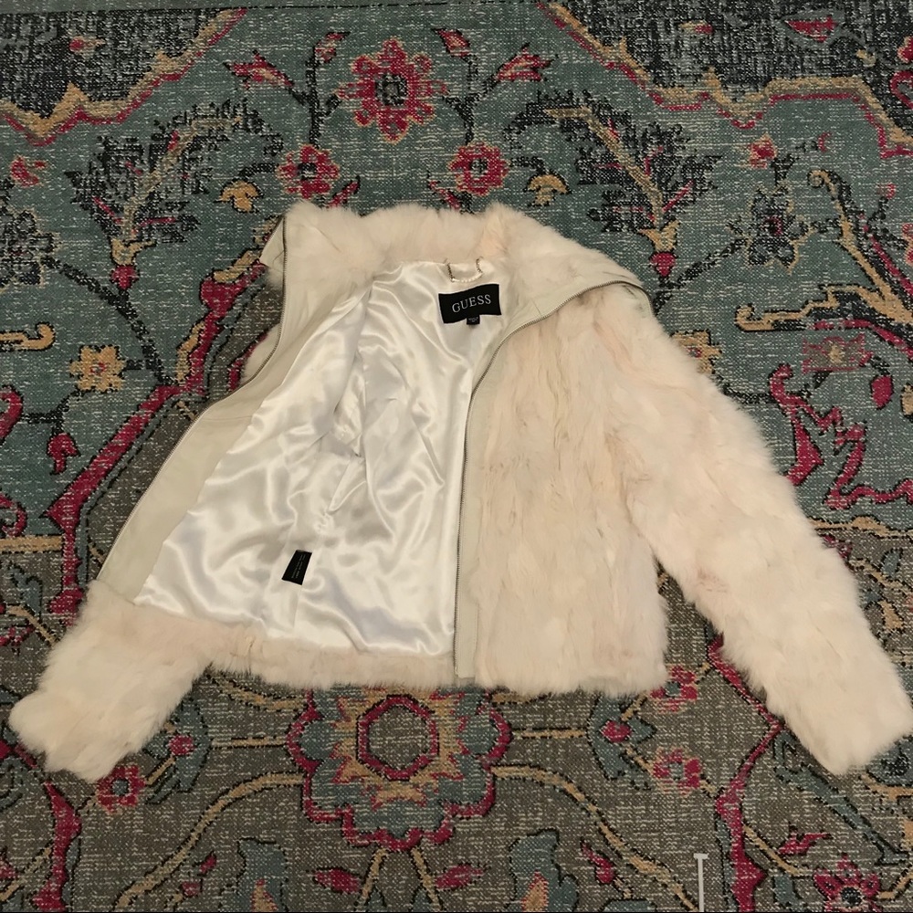 Real white rabbit fur & leather bomber jacket sz M
